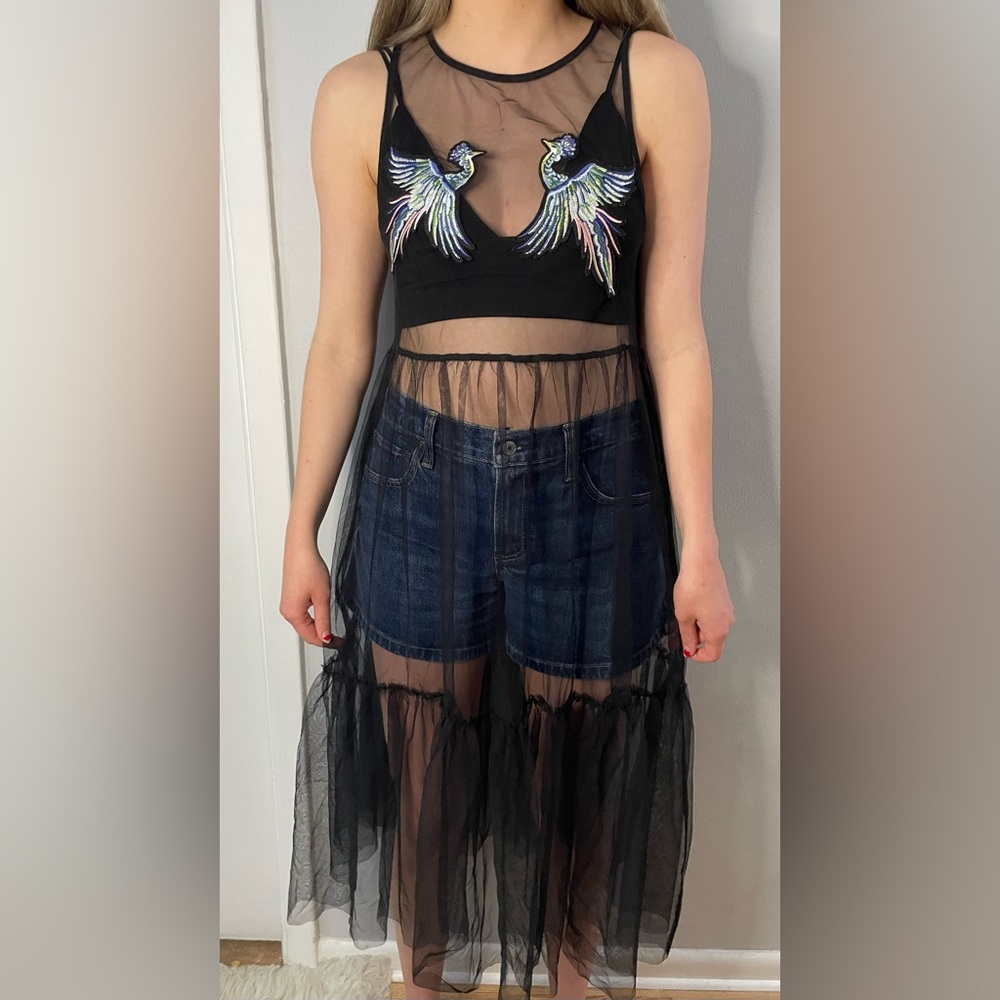 Black Sheer Overlay Dress with Peacock Patches